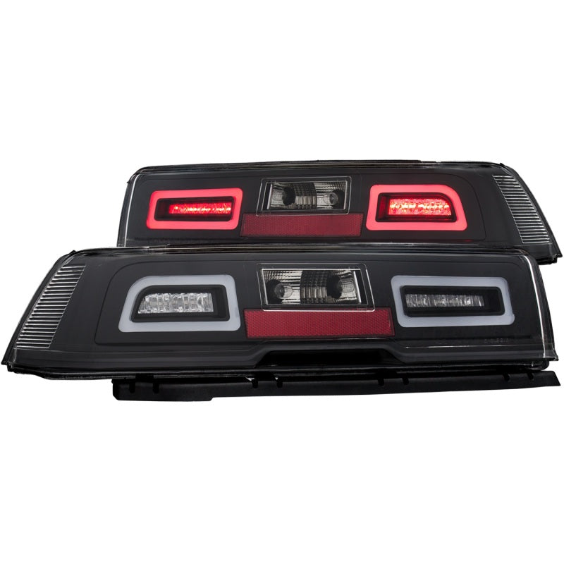 ANZO LED taillights in black for 2014-2015 Chevrolet Camaro, showcasing sleek design and bright LED illumination.