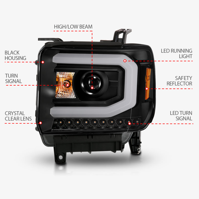 ANZO 2014-2015 GMC Sierra 1500 projector headlights with black housing and light bar, showcasing modern design and superior illumination.