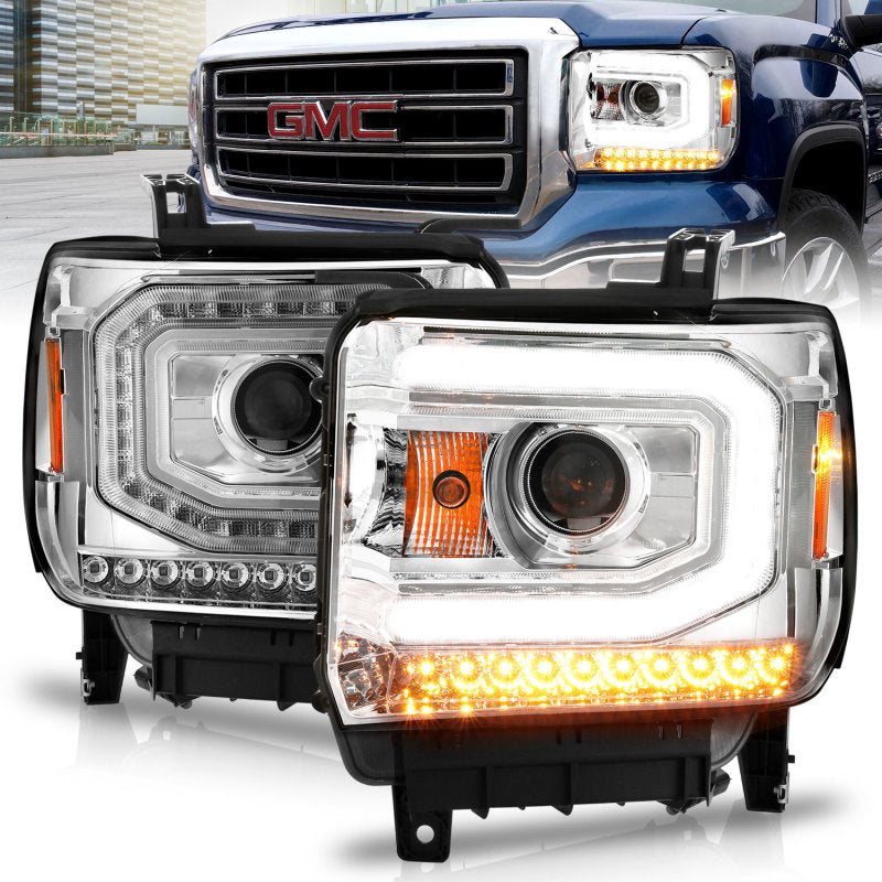 ANZO 2014-2015 GMC Sierra 1500 projector headlights with halo and light bar, featuring clear lens and black housing.