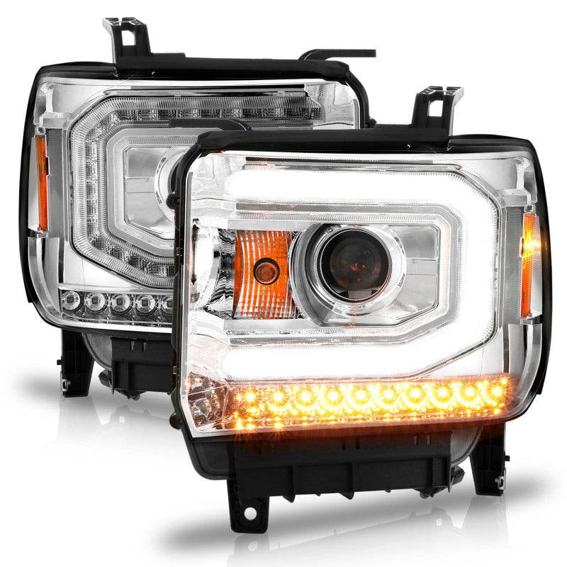 ANZO 2014-2015 GMC Sierra 1500 projector headlights with halo and light bar, featuring clear lens and black housing.