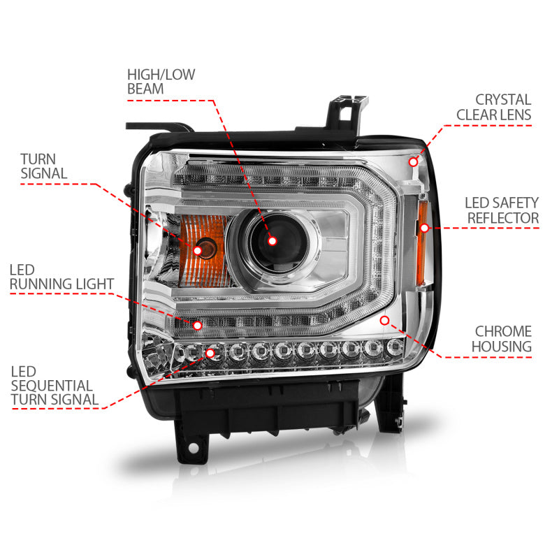 ANZO 2014-2015 GMC Sierra 1500 projector headlights with halo and light bar, featuring clear lens and black housing.