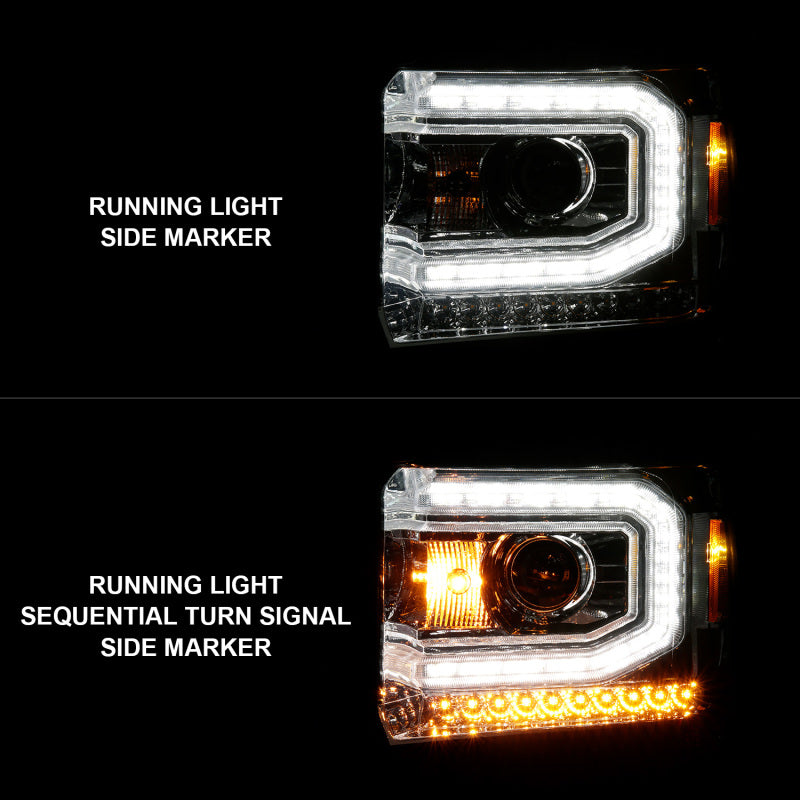 ANZO 2014-2015 GMC Sierra 1500 projector headlights with halo and light bar, featuring clear lens and black housing.