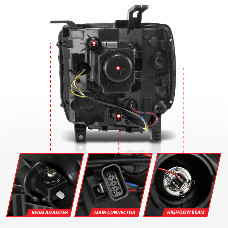 ANZO 2014-2015 GMC Sierra 1500 projector headlights with halo and light bar, featuring clear lens and black housing.