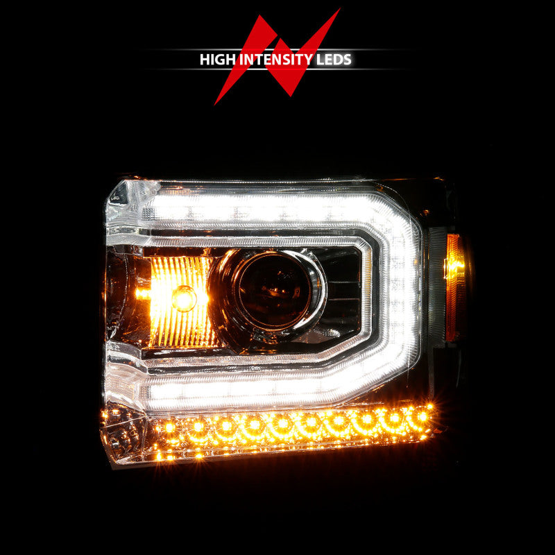 ANZO 2014-2015 GMC Sierra 1500 projector headlights with halo and light bar, featuring clear lens and black housing.