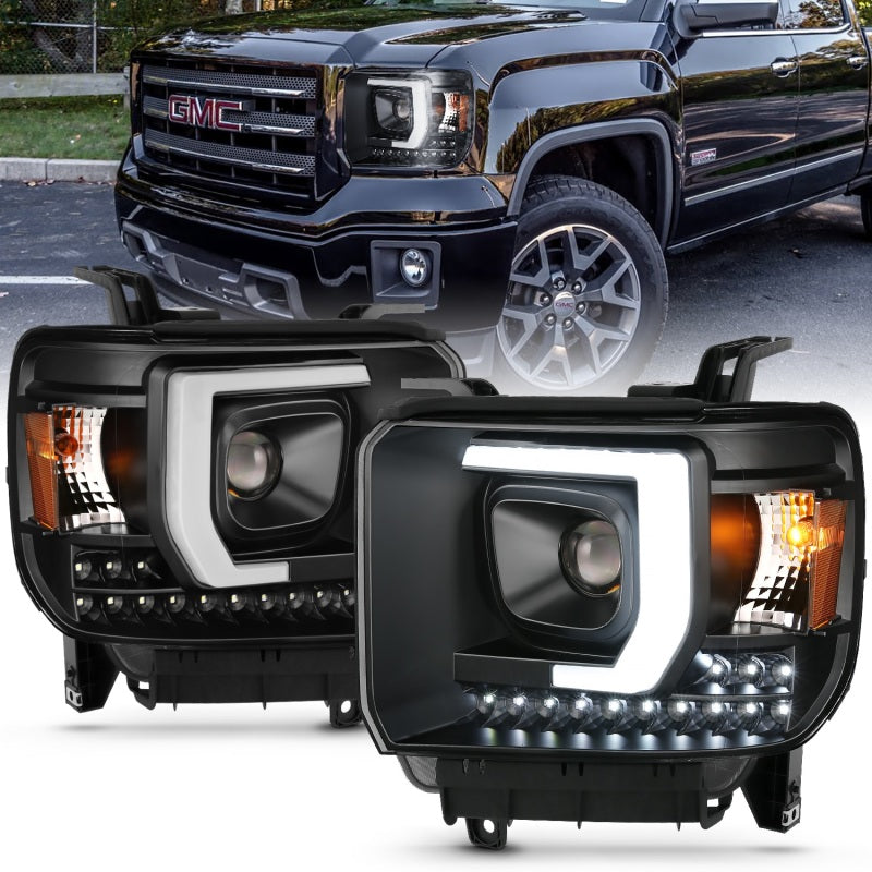 ANZO 2014-2015 GMC Sierra 1500HD projector plank style headlights in black, showcasing modern design and superior lighting technology.