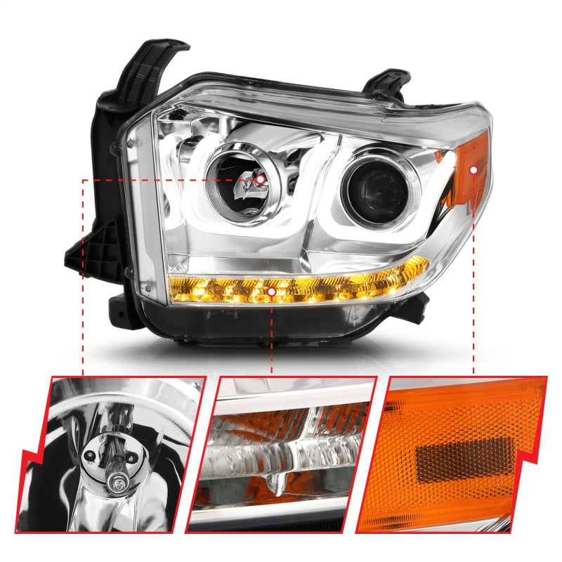 ANZO 2014-2015 Toyota Tundra projector headlights with U-Bar chrome design, showcasing clear lenses and chrome housing.