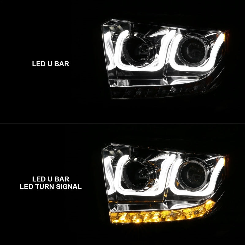 ANZO 2014-2015 Toyota Tundra projector headlights with U-Bar chrome design, showcasing clear lenses and chrome housing.