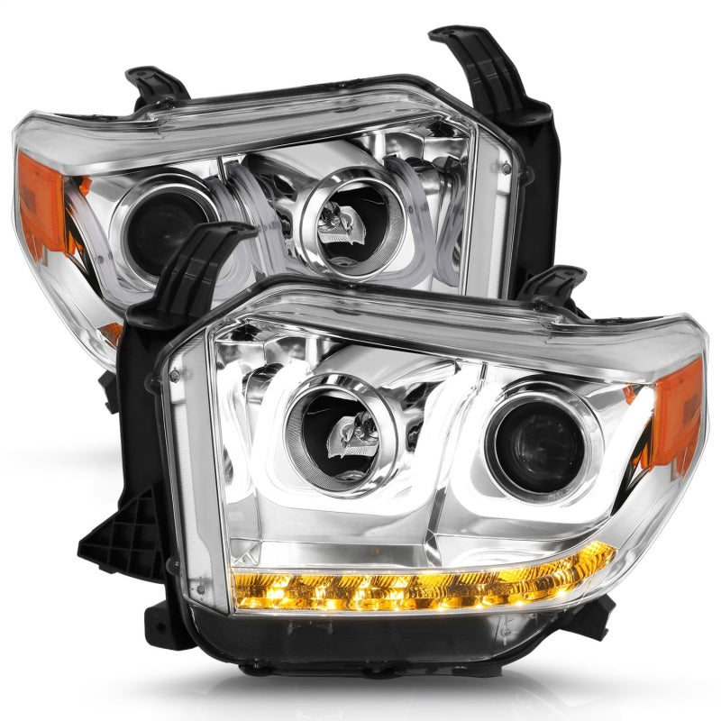 ANZO 2014-2015 Toyota Tundra projector headlights with U-Bar chrome design, showcasing clear lenses and chrome housing.
