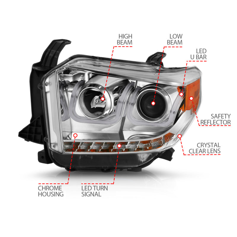 ANZO 2014-2015 Toyota Tundra projector headlights with U-Bar chrome design, showcasing clear lenses and chrome housing.