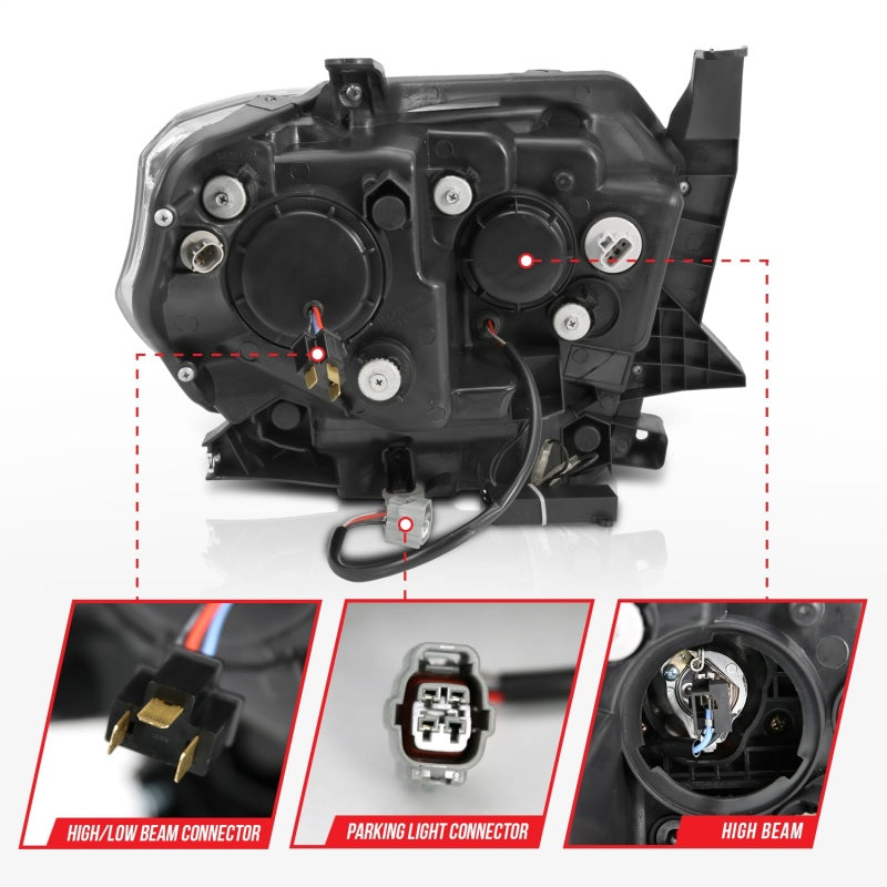 ANZO 2014-2015 Toyota Tundra projector headlights with U-Bar chrome design, showcasing clear lenses and chrome housing.