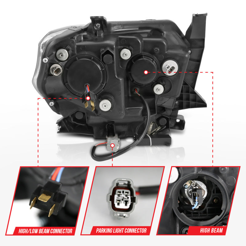 ANZO 2014-2015 Toyota Tundra projector headlights with U-Bar chrome design, showcasing clear lenses and chrome housing.