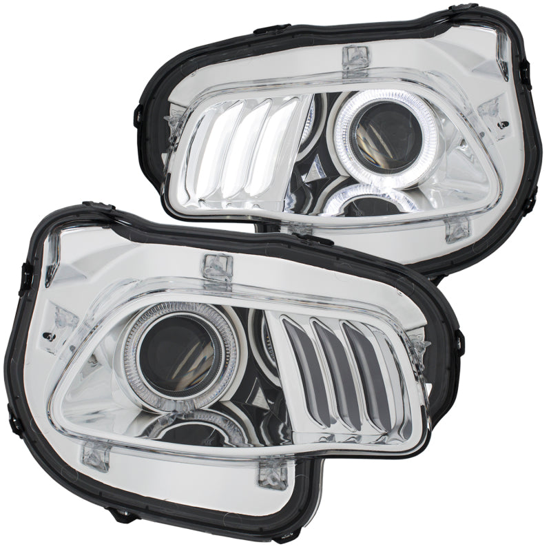 ANZO 2014-2016 Jeep Cherokee Projector Headlights with chrome clear finish, showcasing modern design and superior lighting technology.
