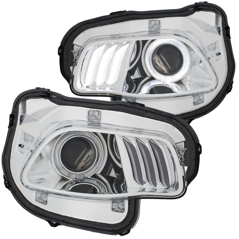 ANZO 2014-2016 Jeep Cherokee Projector Headlights with chrome clear finish, showcasing modern design and superior lighting technology.