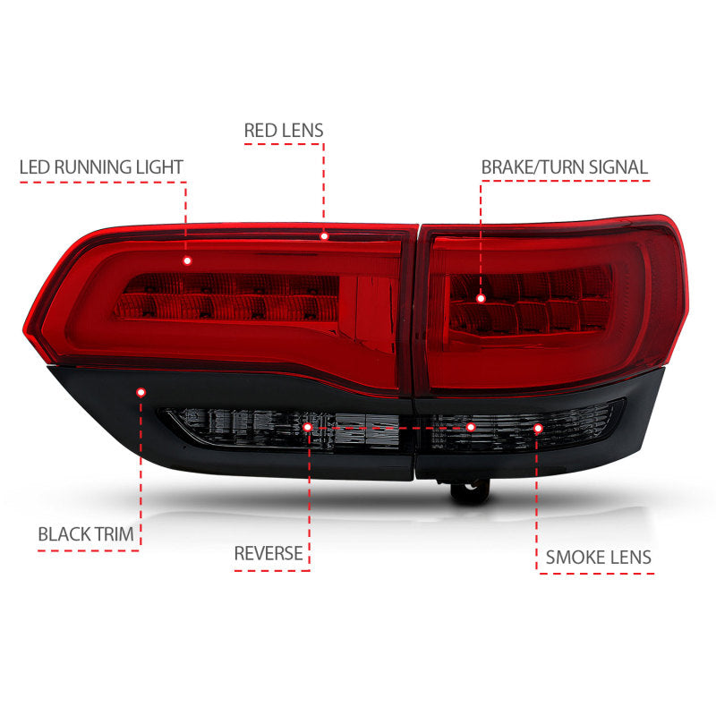 ANZO LED Taillights for 2014-2016 Jeep Grand Cherokee in Red/Smoke finish, showcasing modern design and enhanced visibility.
