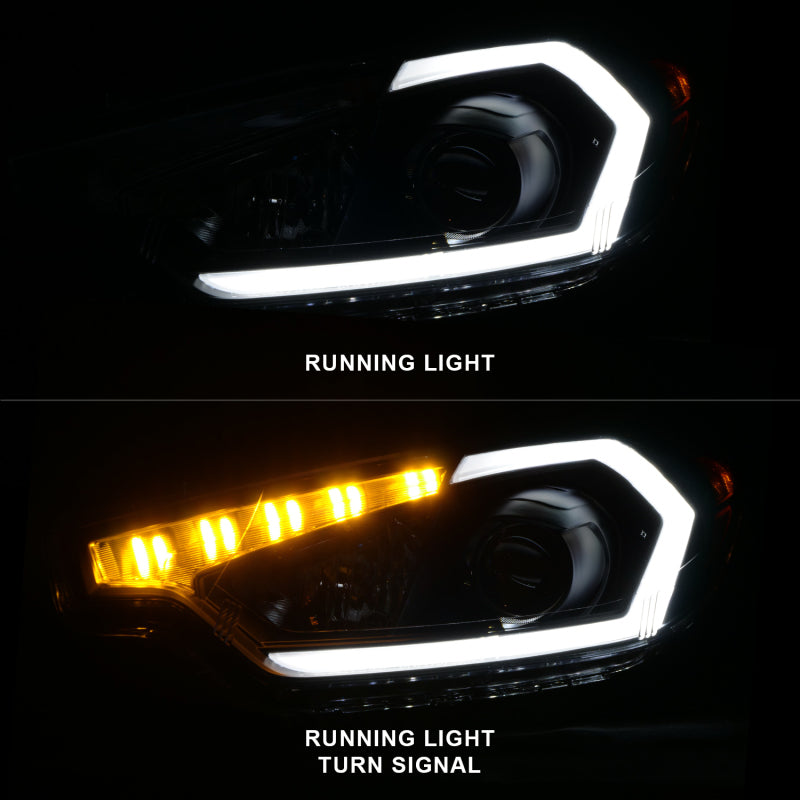 ANZO 2014-2016 Kia Forte projector headlights with light bar in sleek black housing, showcasing modern design and powerful light output.