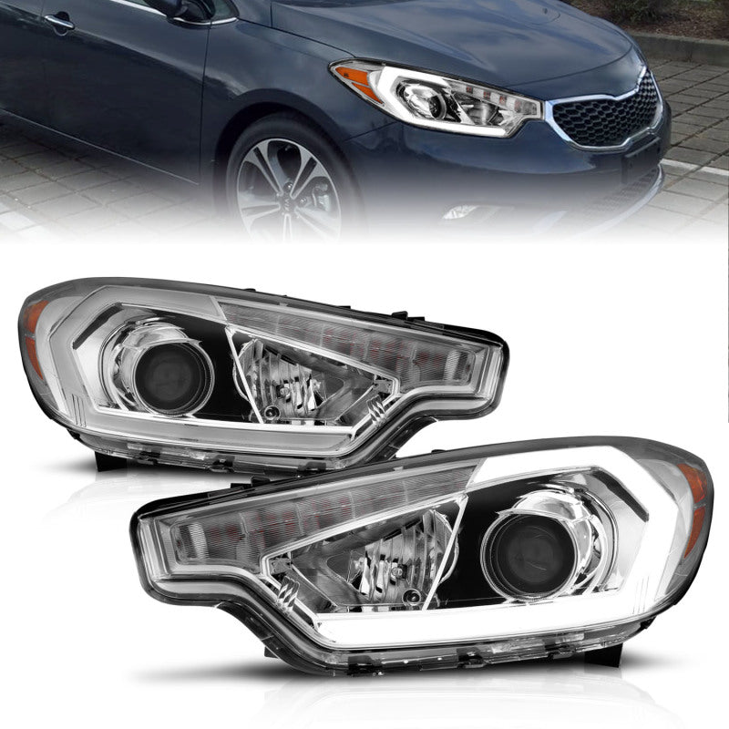 ANZO 2014-2016 Kia Forte projector headlights with chrome housing and light bar, showcasing modern design and powerful illumination.