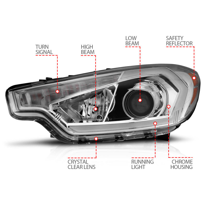 ANZO 2014-2016 Kia Forte projector headlights with chrome housing and light bar, showcasing modern design and powerful illumination.