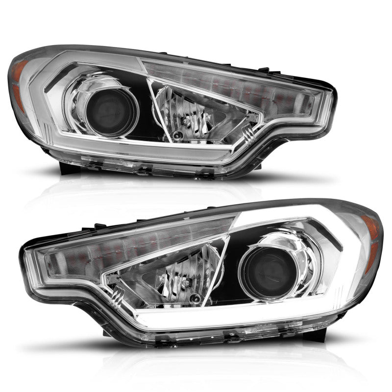 ANZO 2014-2016 Kia Forte projector headlights with chrome housing and light bar, showcasing modern design and powerful illumination.