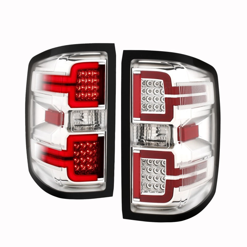 ANZO LED Taillights for 2014-2018 Chevy Silverado 1500 in chrome finish, showcasing modern design and bright LED lights.