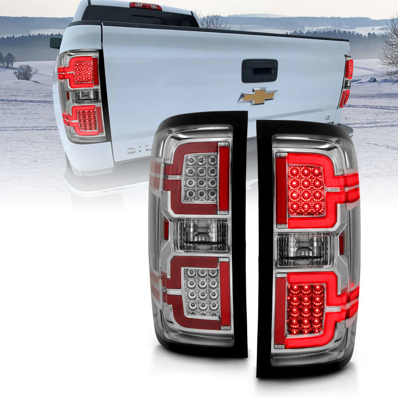 ANZO LED Taillights for 2014-2018 Chevy Silverado 1500 in chrome finish, showcasing modern design and bright LED lights.