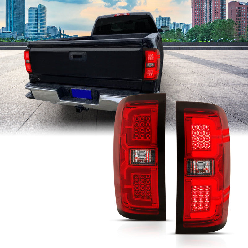 ANZO LED taillights for 2014-2018 Chevy Silverado 1500 in red and clear design, showcasing modern styling and enhanced visibility.