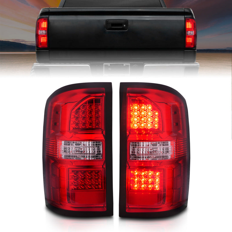 ANZO LED Tail Lights for 2014-2018 GMC Sierra featuring black housing and red/clear lens, enhancing vehicle visibility and style.