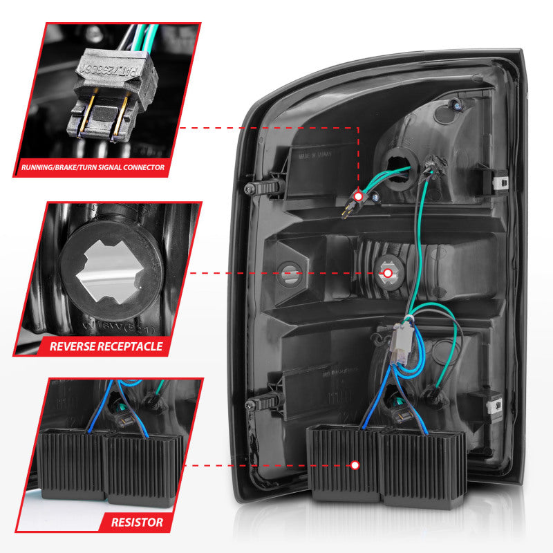 ANZO LED Tail Lights for 2014-2018 GMC Sierra featuring black housing and red/clear lens, enhancing vehicle visibility and style.