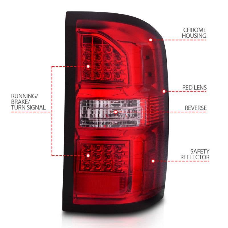 ANZO LED Tail Lights for 2014-2018 GMC Sierra featuring black housing and red/clear lens, enhancing vehicle visibility and style.