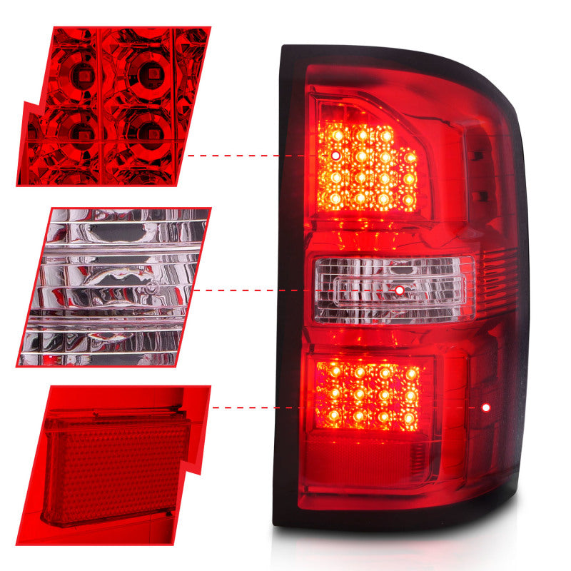 ANZO LED Tail Lights for 2014-2018 GMC Sierra featuring black housing and red/clear lens, enhancing vehicle visibility and style.