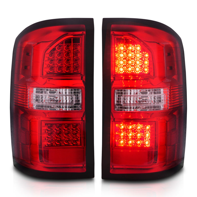 ANZO LED Tail Lights for 2014-2018 GMC Sierra featuring black housing and red/clear lens, enhancing vehicle visibility and style.