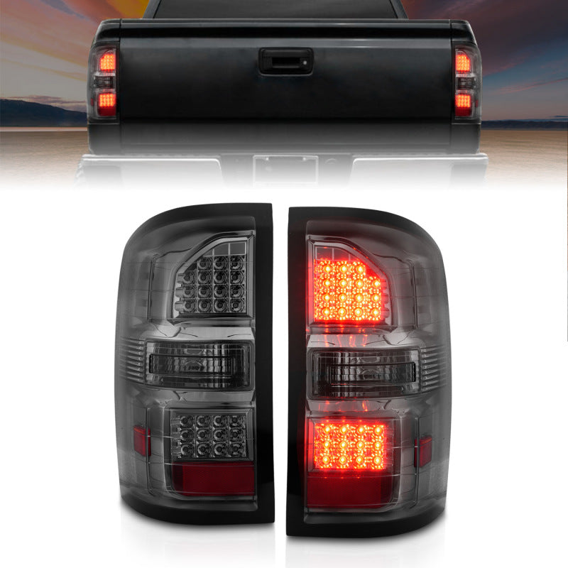 ANZO LED Tail Lights for 2014-2018 GMC Sierra featuring black housing and smoke lens, enhancing vehicle aesthetics and safety.