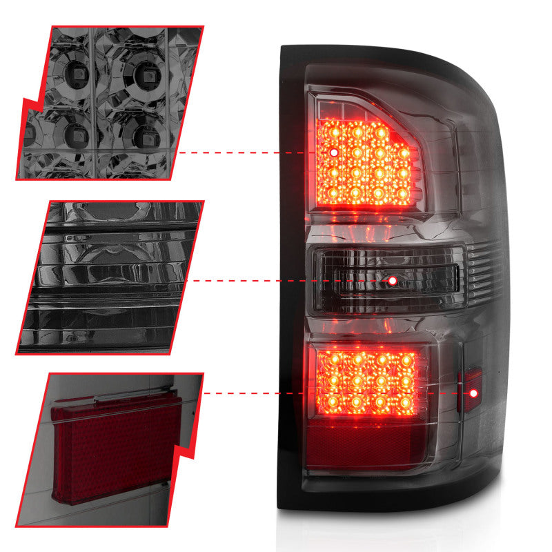 ANZO LED Tail Lights for 2014-2018 GMC Sierra featuring black housing and smoke lens, enhancing vehicle aesthetics and safety.