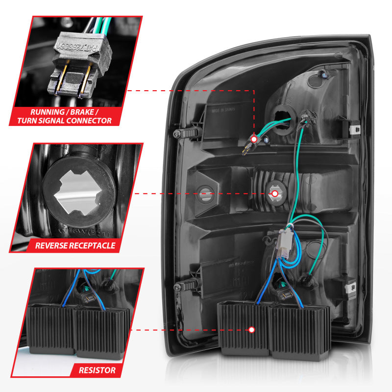 ANZO LED Tail Lights for 2014-2018 GMC Sierra featuring black housing and smoke lens, enhancing vehicle aesthetics and safety.