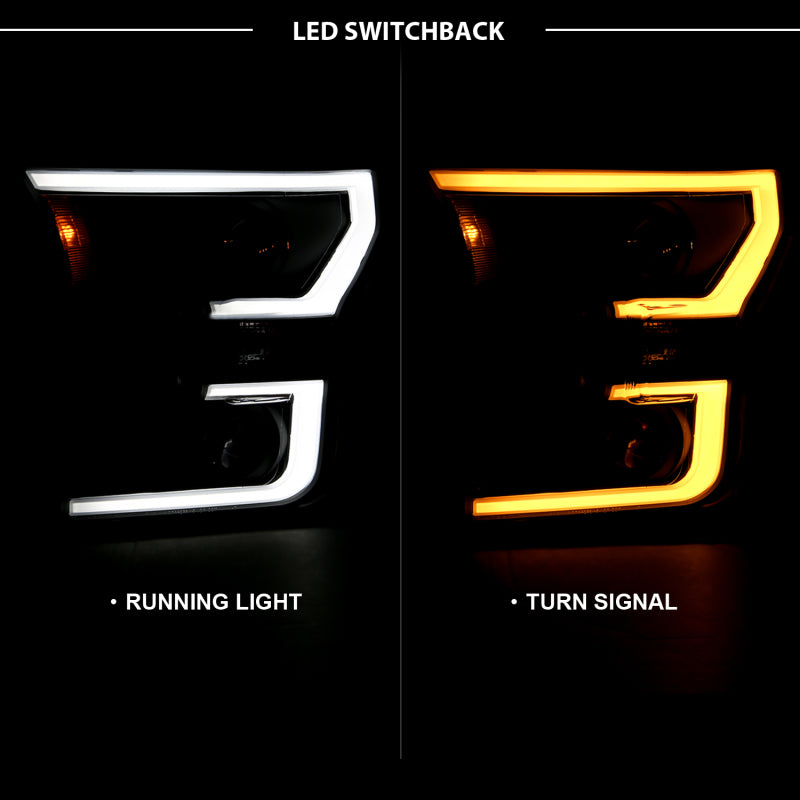 ANZO 2015-2017 Ford F-150 Projector Headlights with plank style switchback design, showcasing modern automotive lighting.