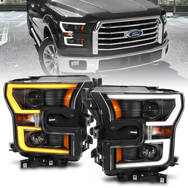 ANZO 2015-2017 Ford F-150 Projector Headlights with plank style switchback design, showcasing modern automotive lighting.