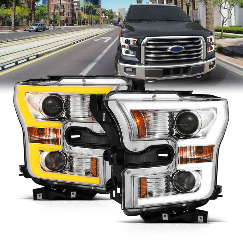 ANZO 2015-2017 Ford F-150 Projector Headlights with plank style switchback design, showcasing modern styling and superior illumination.