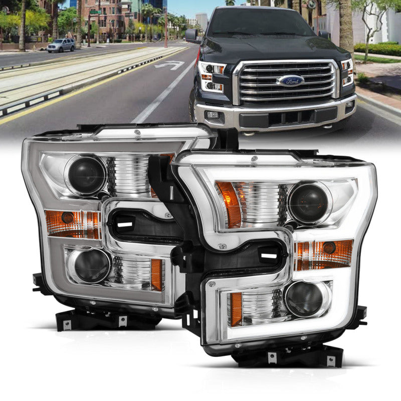 ANZO 2015-2017 Ford F-150 Projector Headlights with plank style switchback design, showcasing modern styling and superior illumination.