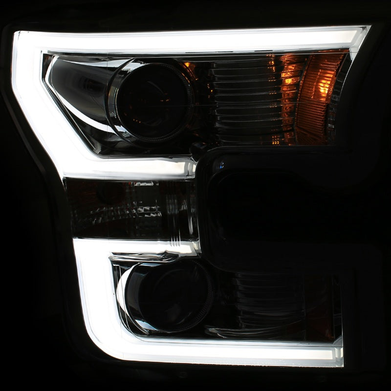 ANZO 2015-2017 Ford F-150 Projector Headlights with plank style switchback design, showcasing modern styling and superior illumination.
