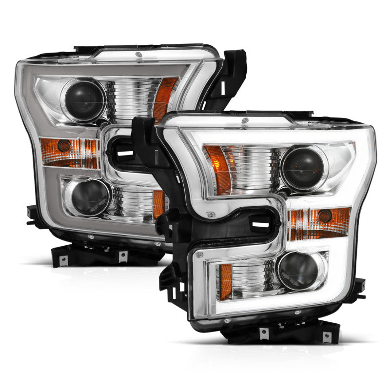 ANZO 2015-2017 Ford F-150 Projector Headlights with plank style switchback design, showcasing modern styling and superior illumination.