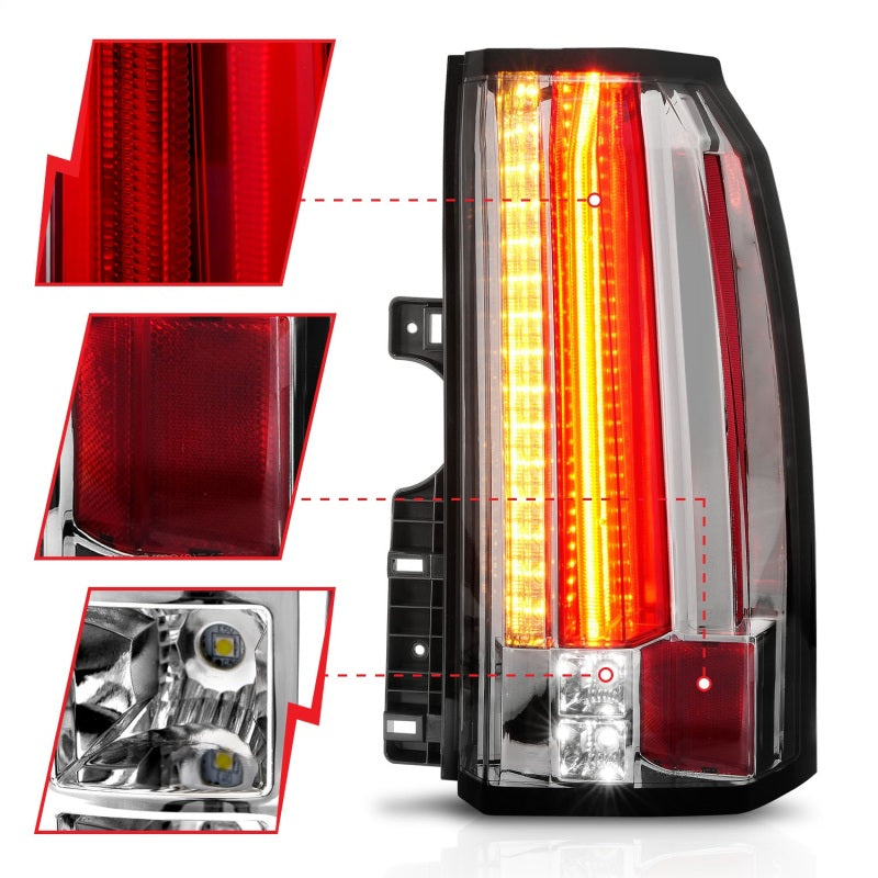 ANZO LED taillights for 2015-2017 GMC Yukon with chrome housing and clear lens.