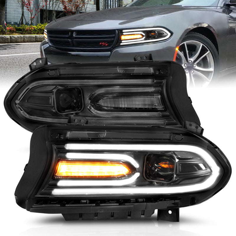 ANZO 2015-2018 Dodge Charger Projector Headlights in black with plank style design, showcasing modern aesthetics and powerful light output.