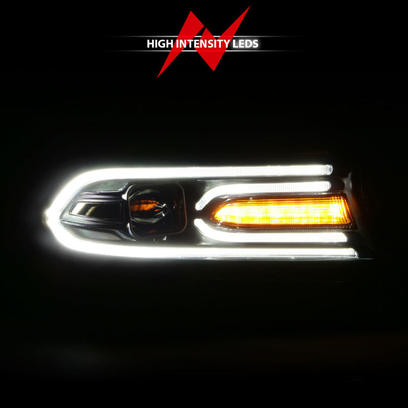 ANZO 2015-2018 Dodge Charger Projector Headlights in black with plank style design, showcasing modern aesthetics and powerful light output.