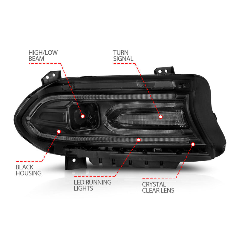 ANZO 2015-2018 Dodge Charger Projector Headlights in black with plank style design, showcasing modern aesthetics and powerful light output.