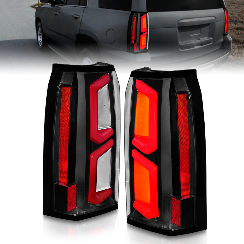 ANZO LED Tail Lights for 2015-2020 Chevrolet Tahoe with black housing and light bar design, showcasing modern styling and enhanced visibility.