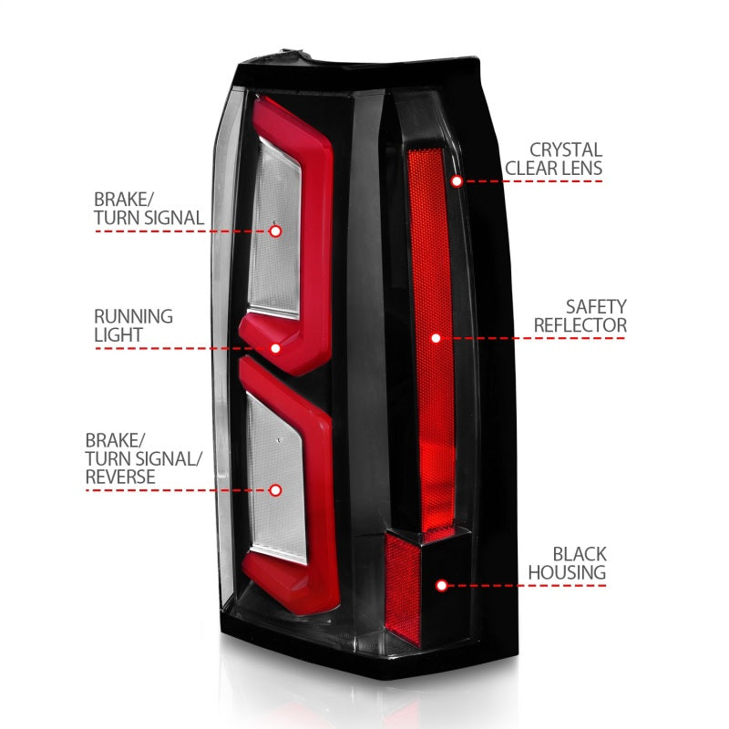 ANZO LED Tail Lights for 2015-2020 Chevrolet Tahoe with black housing and light bar design, showcasing modern styling and enhanced visibility.