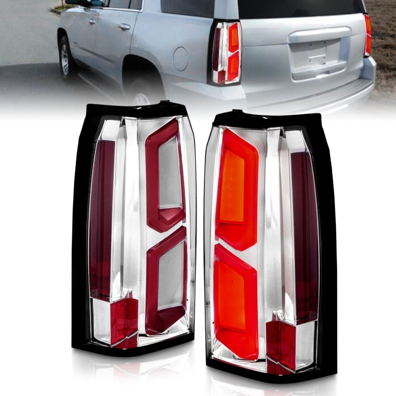 ANZO LED Tail Lights for 2015-2020 Chevrolet Tahoe with chrome housing and light bar design.
