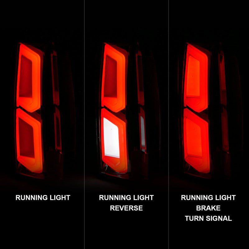 ANZO LED Tail Lights for 2015-2020 Chevrolet Tahoe with chrome housing and light bar design.