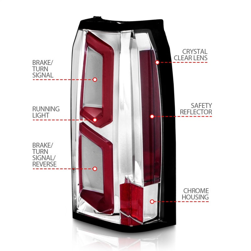 ANZO LED Tail Lights for 2015-2020 Chevrolet Tahoe with chrome housing and light bar design.