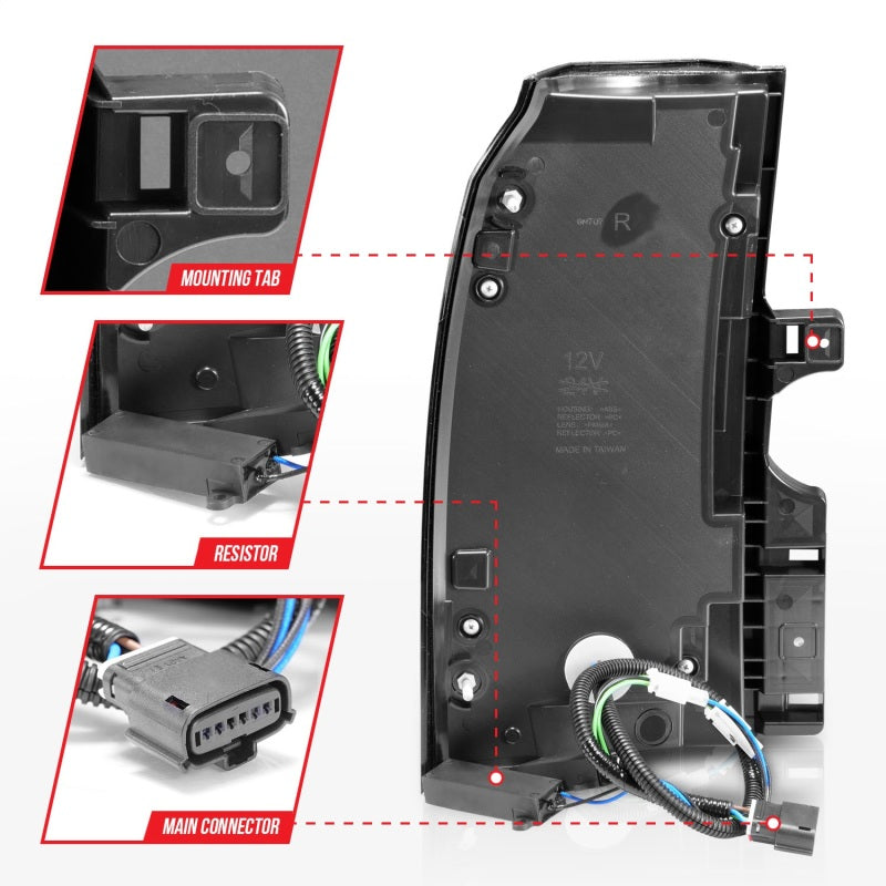 ANZO LED Tail Lights for 2015-2020 Chevrolet Tahoe with chrome housing and light bar design.