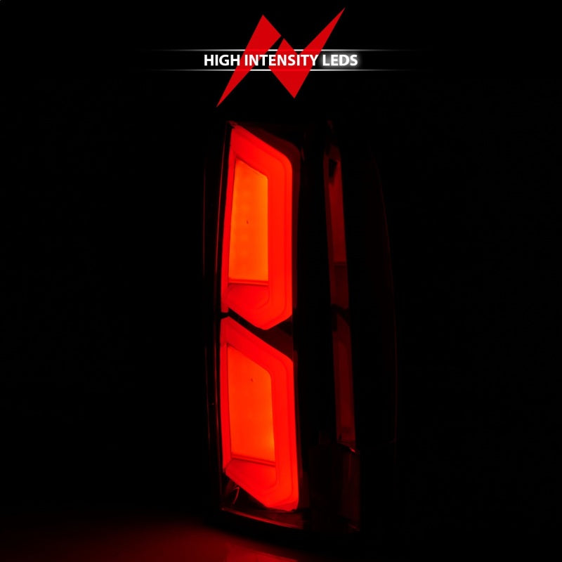 ANZO LED Tail Lights for 2015-2020 Chevrolet Tahoe with chrome housing and light bar design.